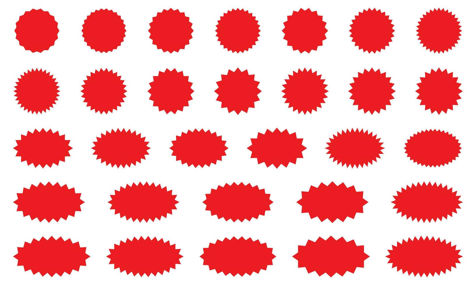Starburst red sticker set - collection of special offer sale round and oval sunburst labels and buttons isolated on white background. Stickers and badges with star edges for promo advertising. vector