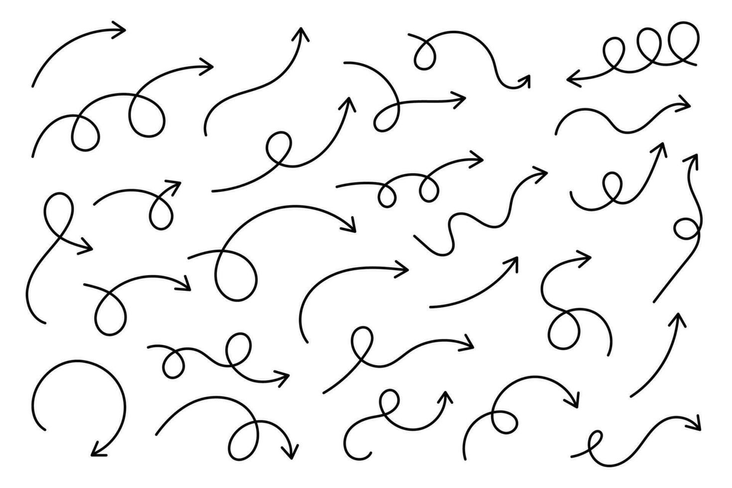 Curved arrows. Set of vector hand drawn arrows. Collection of pointers.