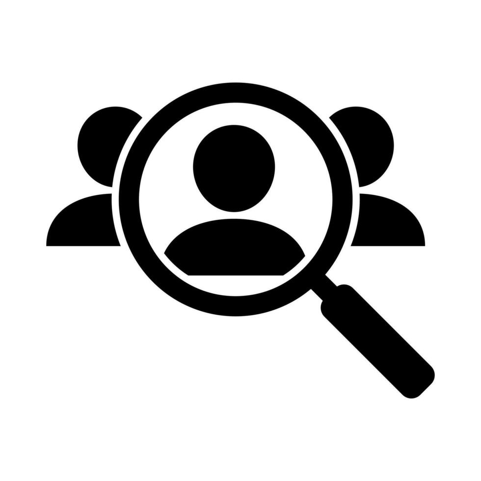 Magnifying glass looking for people icon, employee search symbol concept, headhunting, staff selection, vector illustration