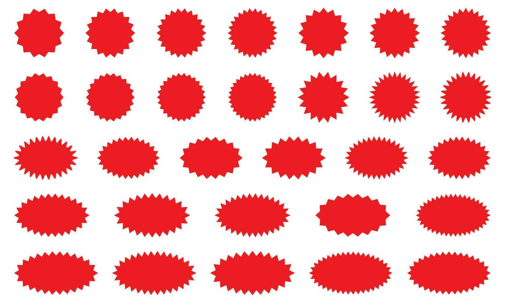 Starburst red sticker set - collection of special offer sale round and oval sunburst labels and buttons isolated on white background. Stickers and badges with star edges for promo advertising. vector