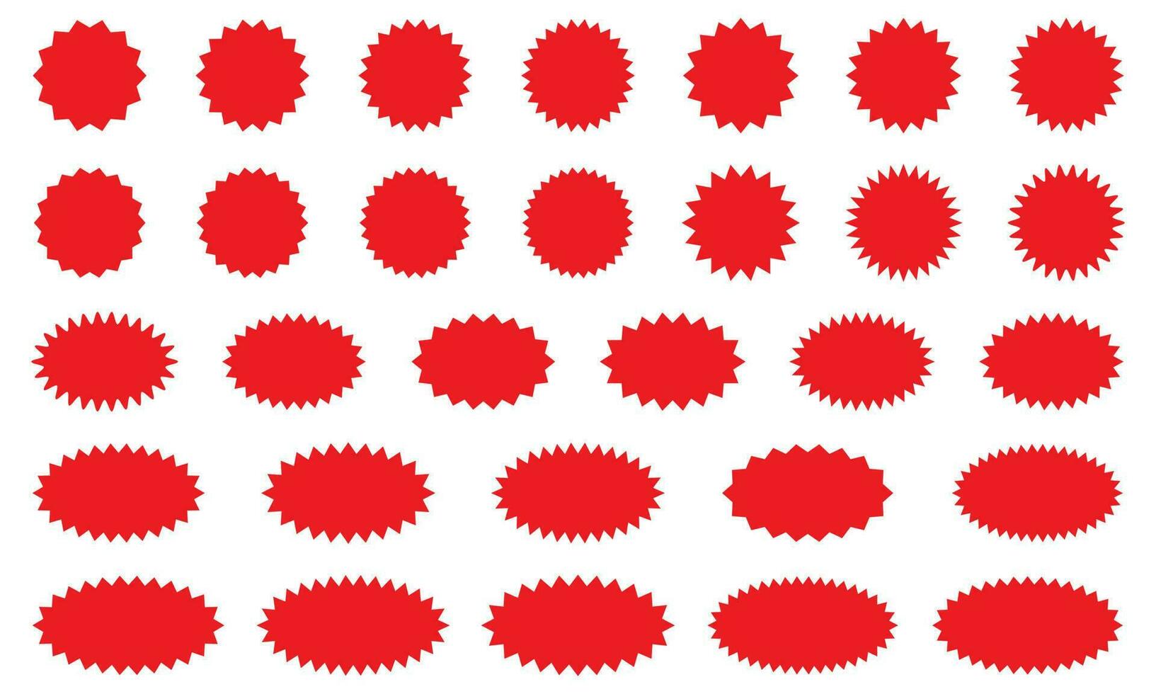 Starburst red sticker set - collection of special offer sale round and oval sunburst labels and buttons isolated on white background. Stickers and badges with star edges for promo advertising. vector