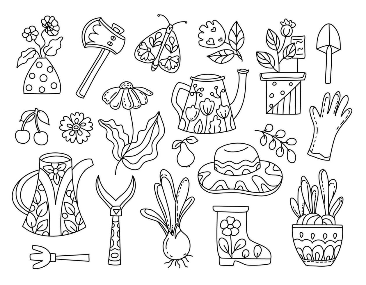 Love our planet, green vibes. Hand drawn coloring page for kids and adults. Garden, farm objects. Beautiful drawing with patterns and small details. Coloring book pictures. Vector