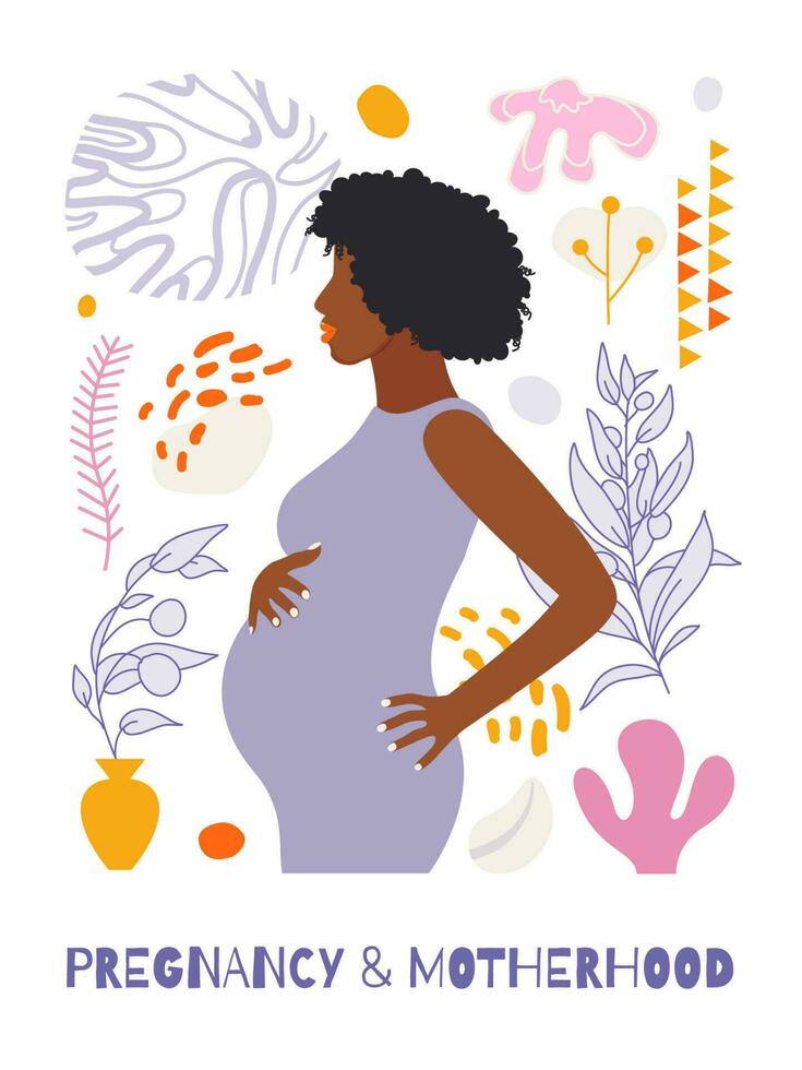 hermosa embarazada negro mujer. bandera o póster para sitios web, publicidad, saludo tarjeta. de la madre día saludo. salud cuidado, femenino, contento maternidad concepto. africano americano dama. vector