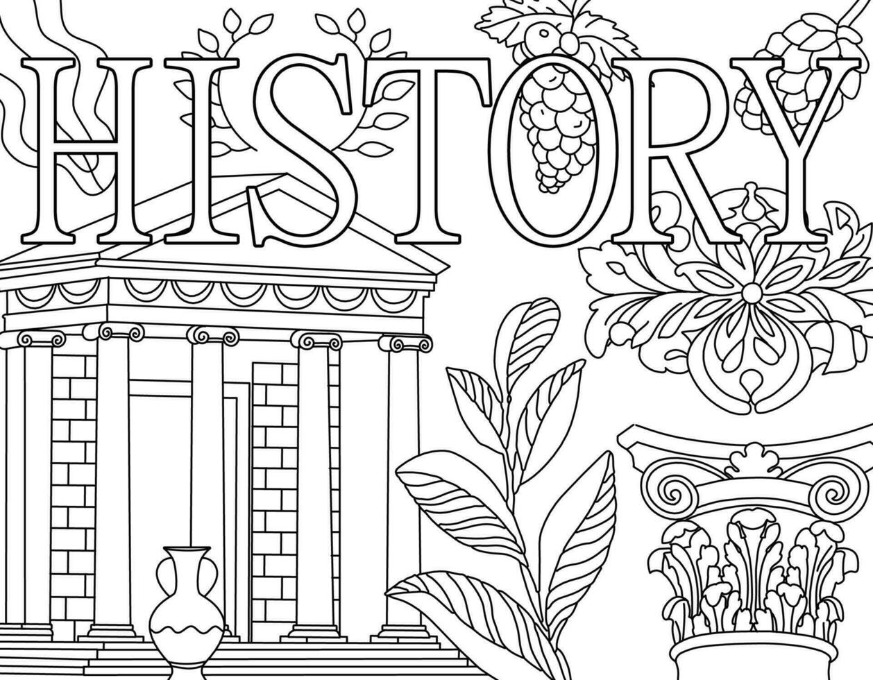 History. Ancient Greece Coloring page. Hand illustrations, Athens antique temple, Corinthian column, pillar. Beautiful drawing with patterns and small details. Coloring book picture vector