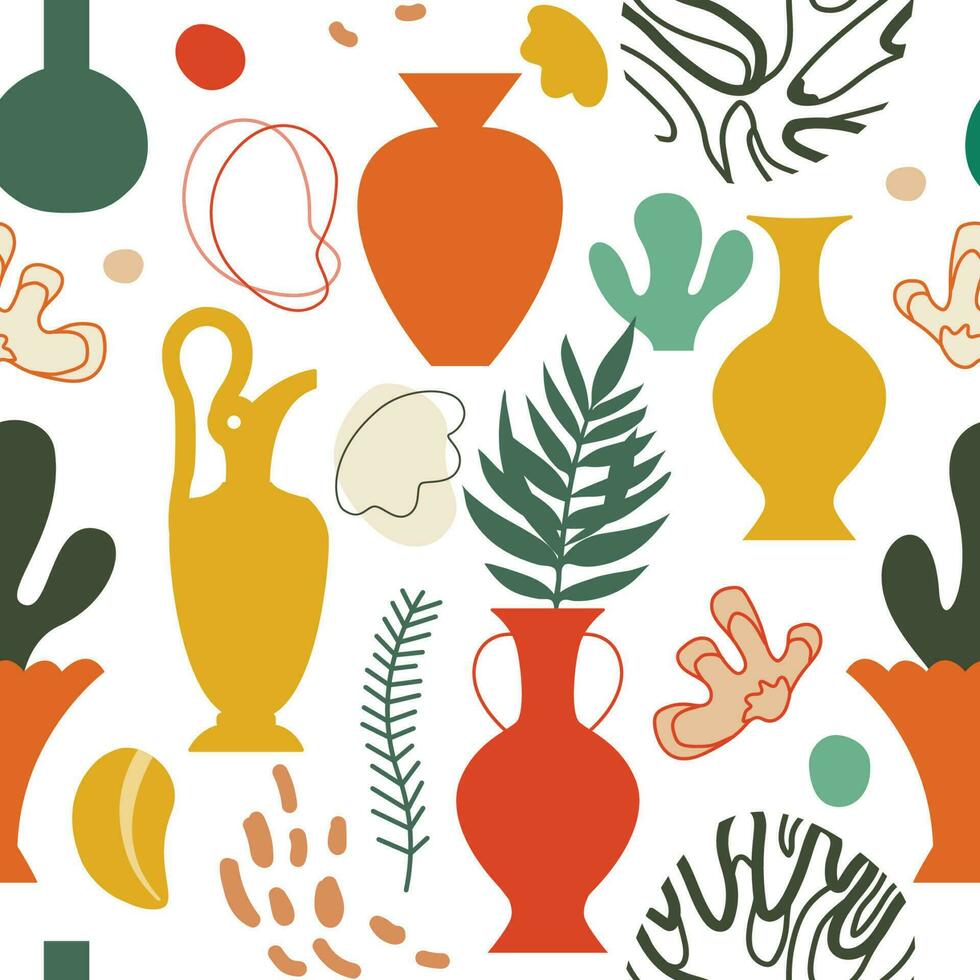 Seamless pattern with ancient pottery art. Ancient Greek clay elements, vases, amphoras, flowers, branches, leaves. Modern background. Decor, textile, wrapping paper, wallpaper print. White background vector