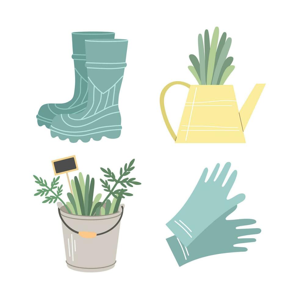 Garden tools and accessories. Collection. Watering can, bucket, boots, gloves, plants. Vector illustrations  isolated on white background. Gardening flat vector set.