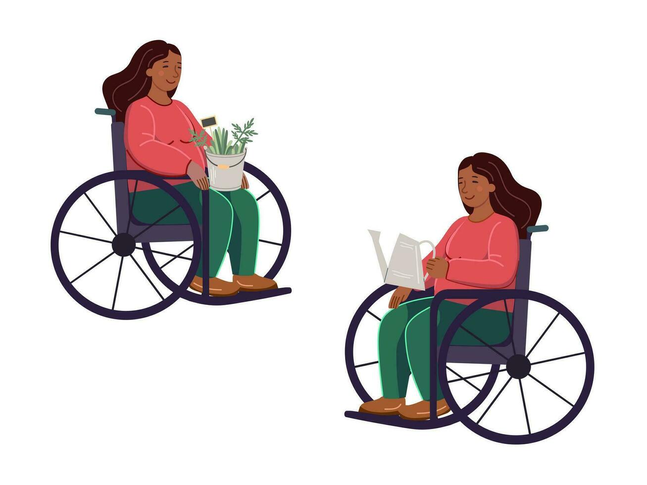 An African American woman in a wheelchair with a watering can in her hands and woman with a bucket of plants on her lap.  Gardening flat vector illustration. Equality, tolerance, inclusion.
