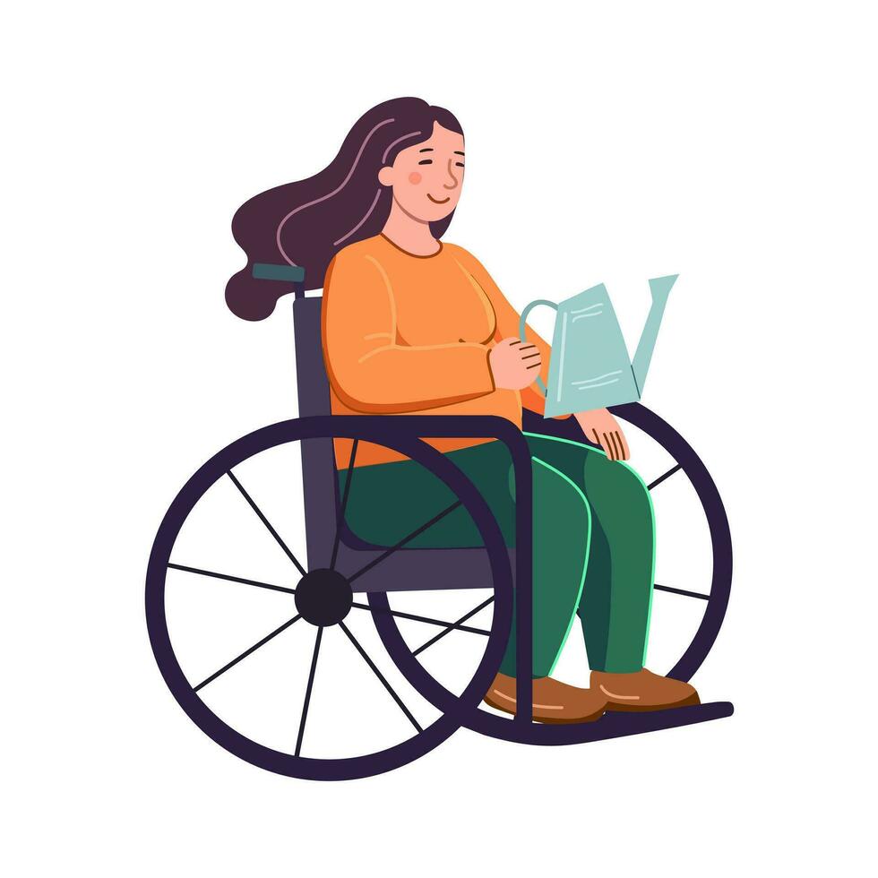 un mujer en un silla de ruedas con un riego lata en su manos. jardinería plano vector ilustración. igualdad, tolerancia, inclusión.