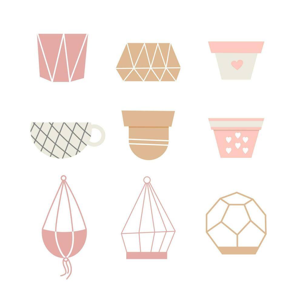 Vector set of cozy cute flower pots. Inspiration quotes. Home gardening. House plants. Botany decoration in flat style.