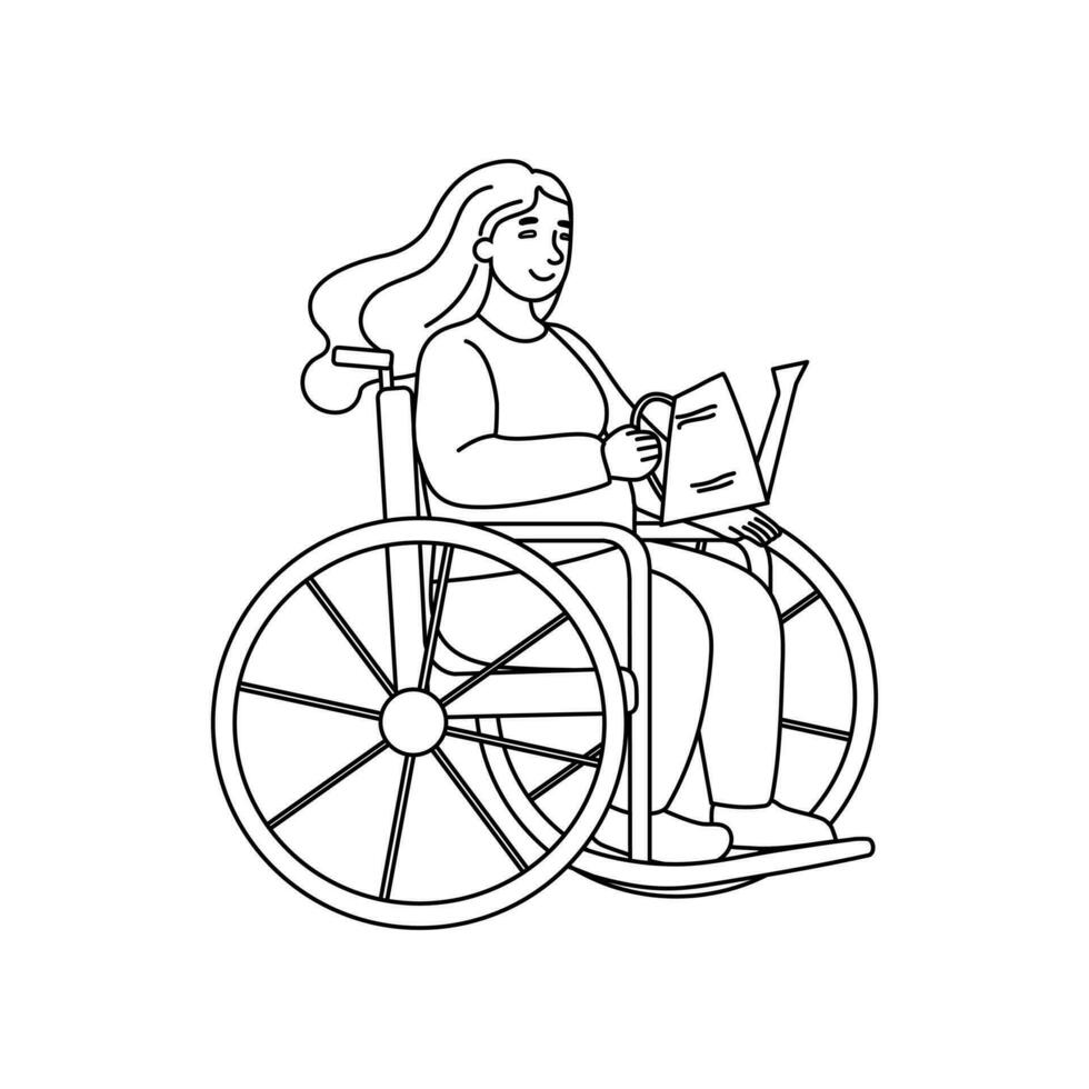 A woman in a wheelchair with a watering can in her hands.  Gardening outline vector illustration. Equality, tolerance, inclusion.