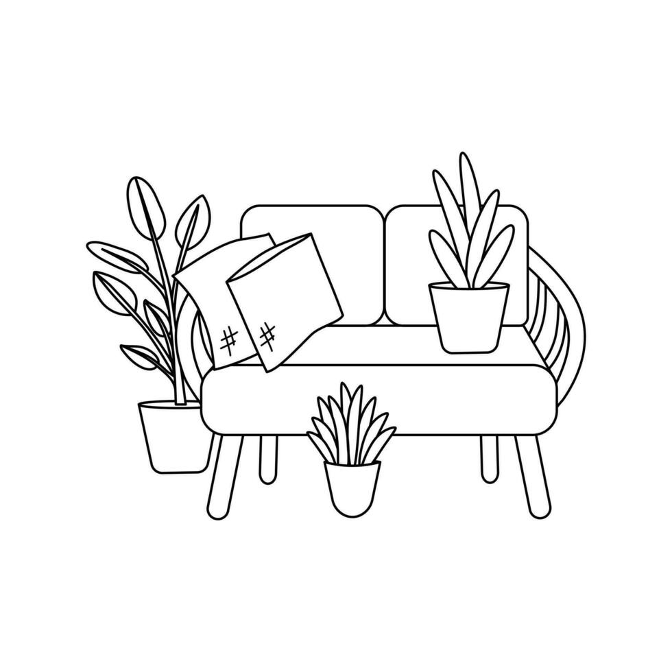 Rattan garden sofa with pillows and pots with garden plants. Gardening. Vector illustration of garden elements. Outline style.