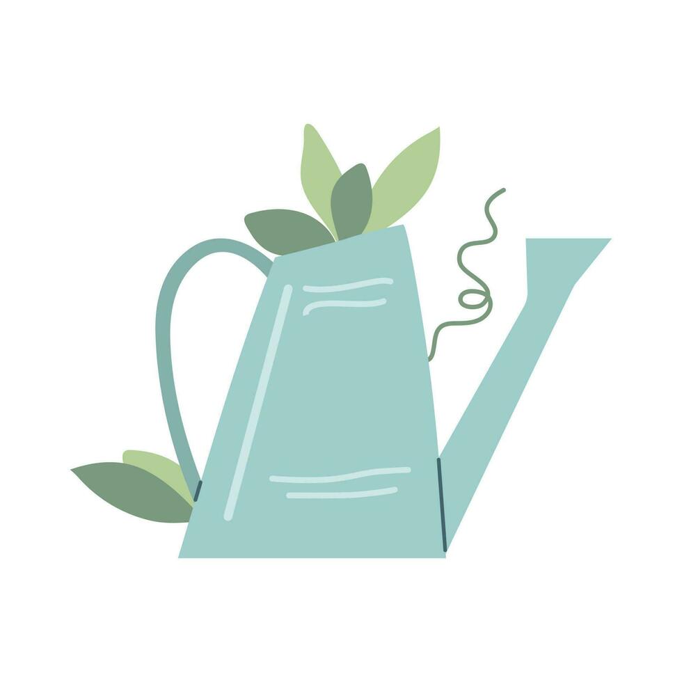 Green garden plants  inside the watering can. Vector flat illustration. Cute drawing.