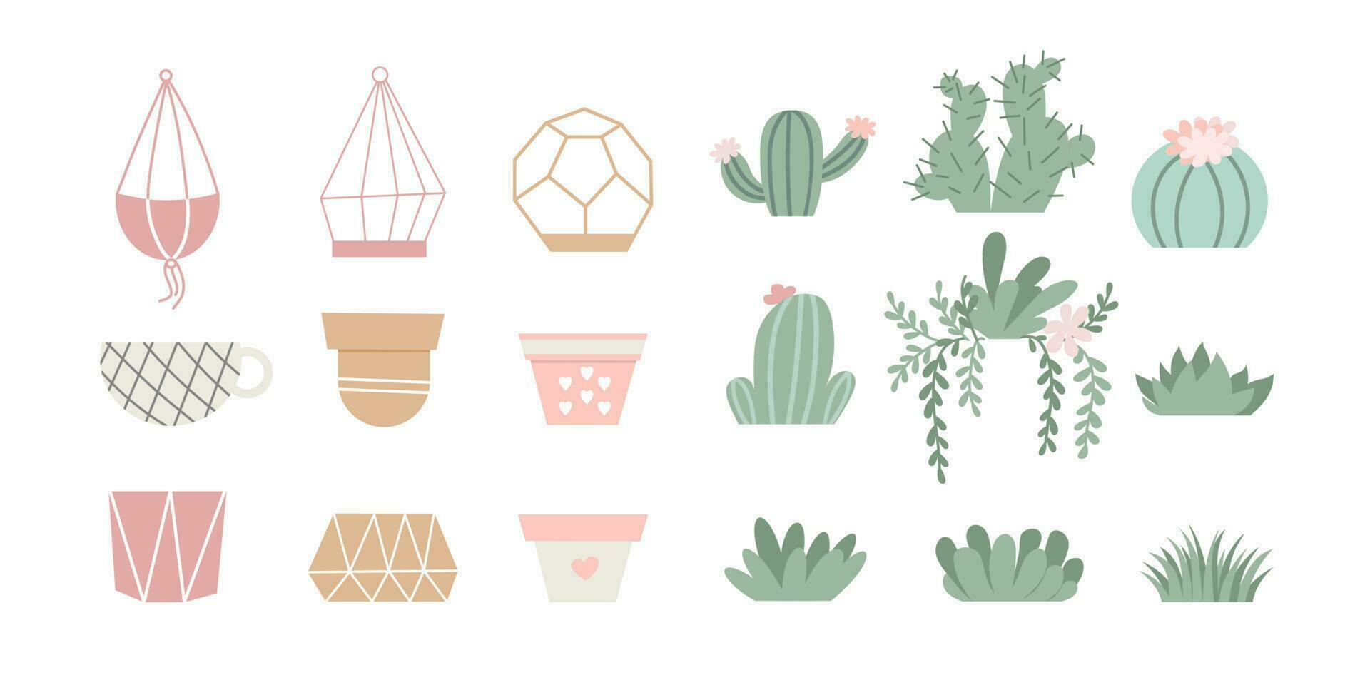 Vector set of cozy cute cacti, succulent plants and flower pots. Inspiration quotes. Home gardening. House plants. Botany decoration in flat style.