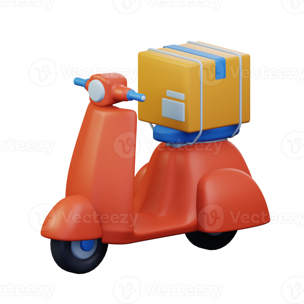 package box on top scooter motorcycle ready to delivery order to costumer 3d rendered icon illustration design png