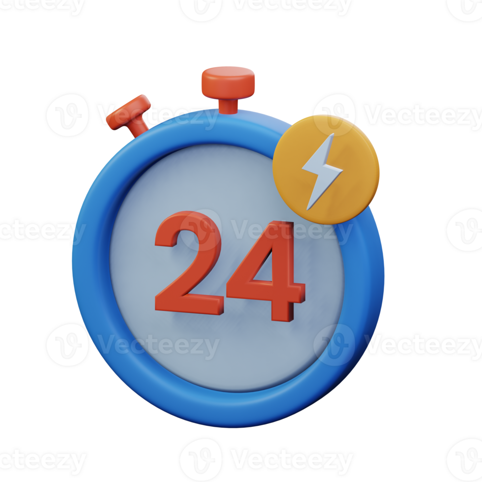 24 hours fast delivery shipment service stopwatch time with flash bolt badge 3d rendered icon illustration design png