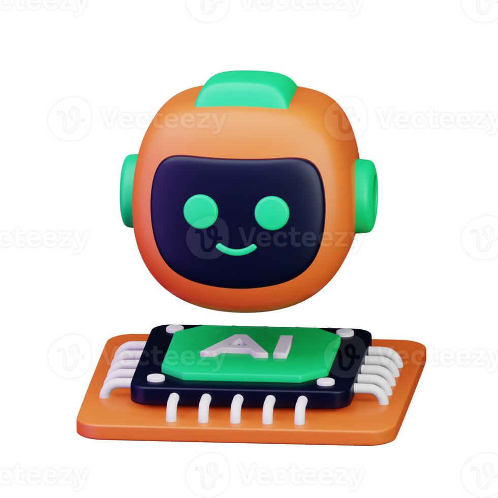 smile robot head on top of ai computer chip processor 3d render icon illustration design png