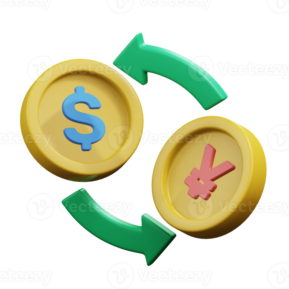 gold coin with different currency and turn over arrow for money exchange financial strategy concept 3d render icon illustration design png