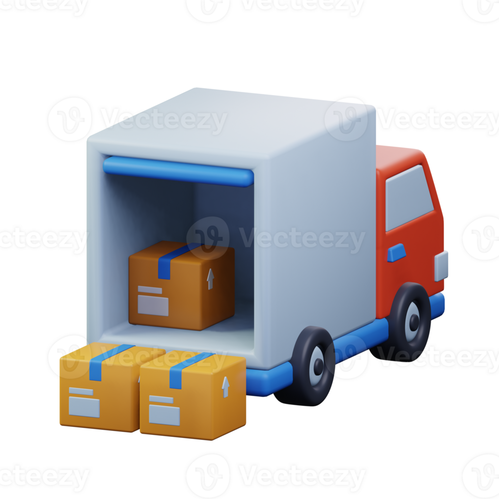 delivery truck loading cardboard package inside cargo box for ecommerce shipment transportation service 3d rendered icon illustration design png