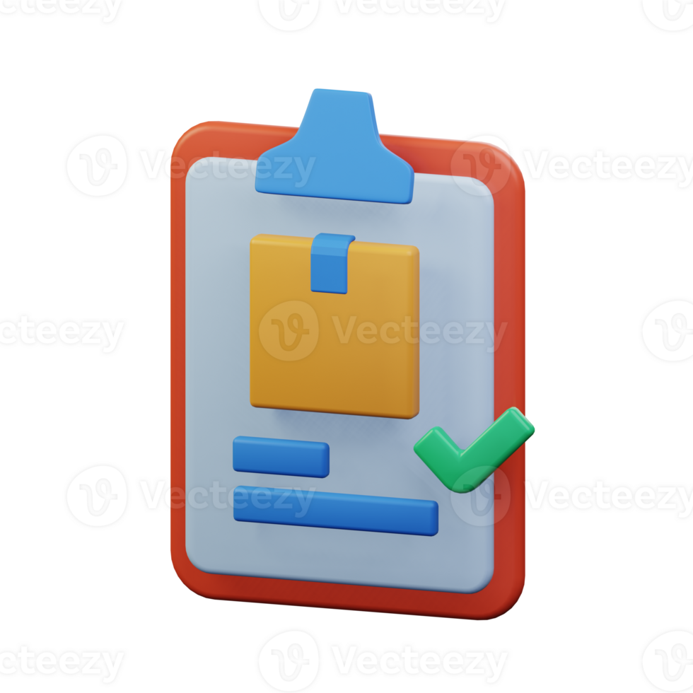 package order success delivered. cardboard with clipboard paper document with check mark for delivery service report 3d rendered icon illustration design png
