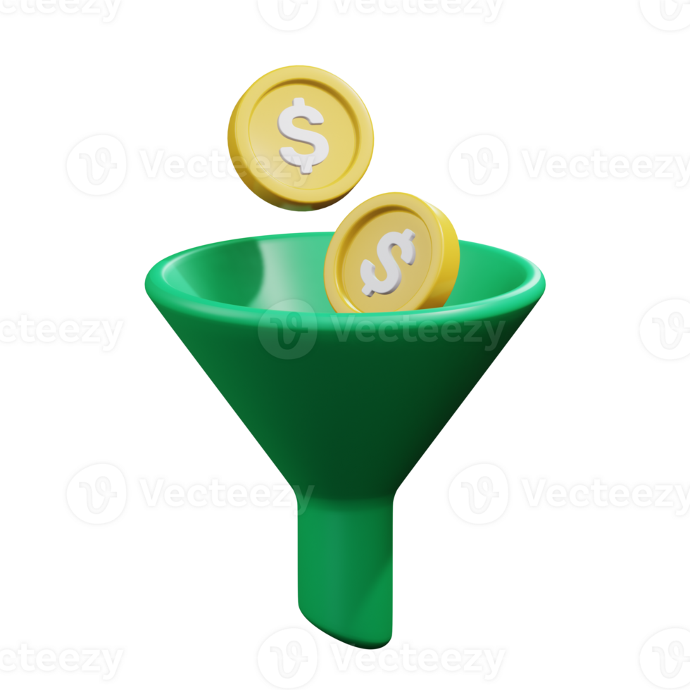 gold coin money funnel financial strategy 3d render icon illustration design png