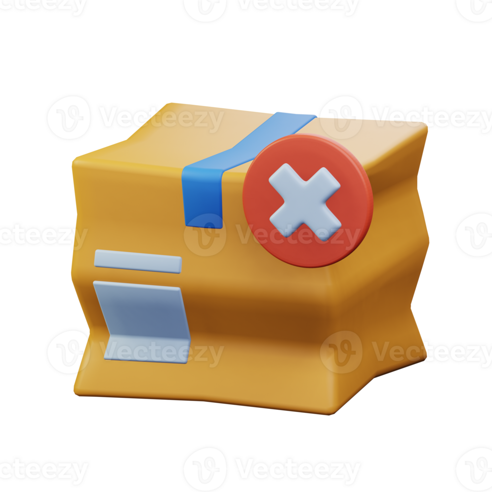 damaged cardboard package order with cross cancel symbol badge 3d rendered icon illustration design png