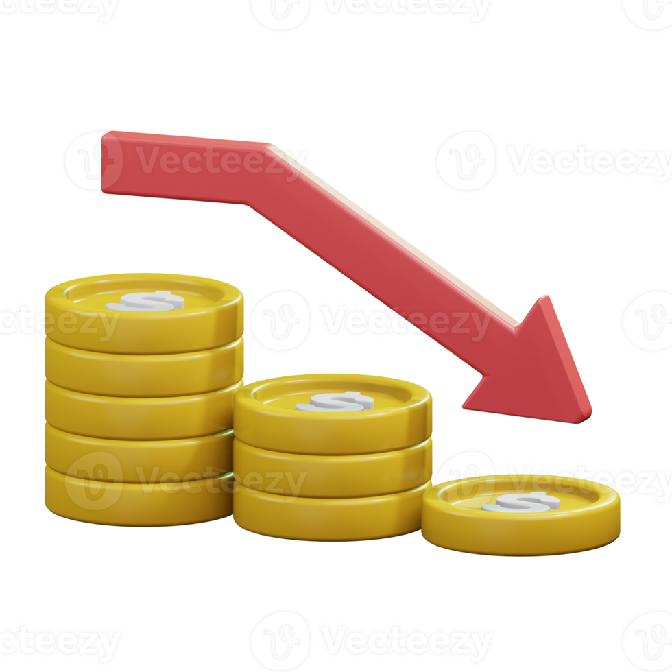 gold coin stack decrease with come down arrow for loss bankrupt financial problem 3d render icon illustration design png