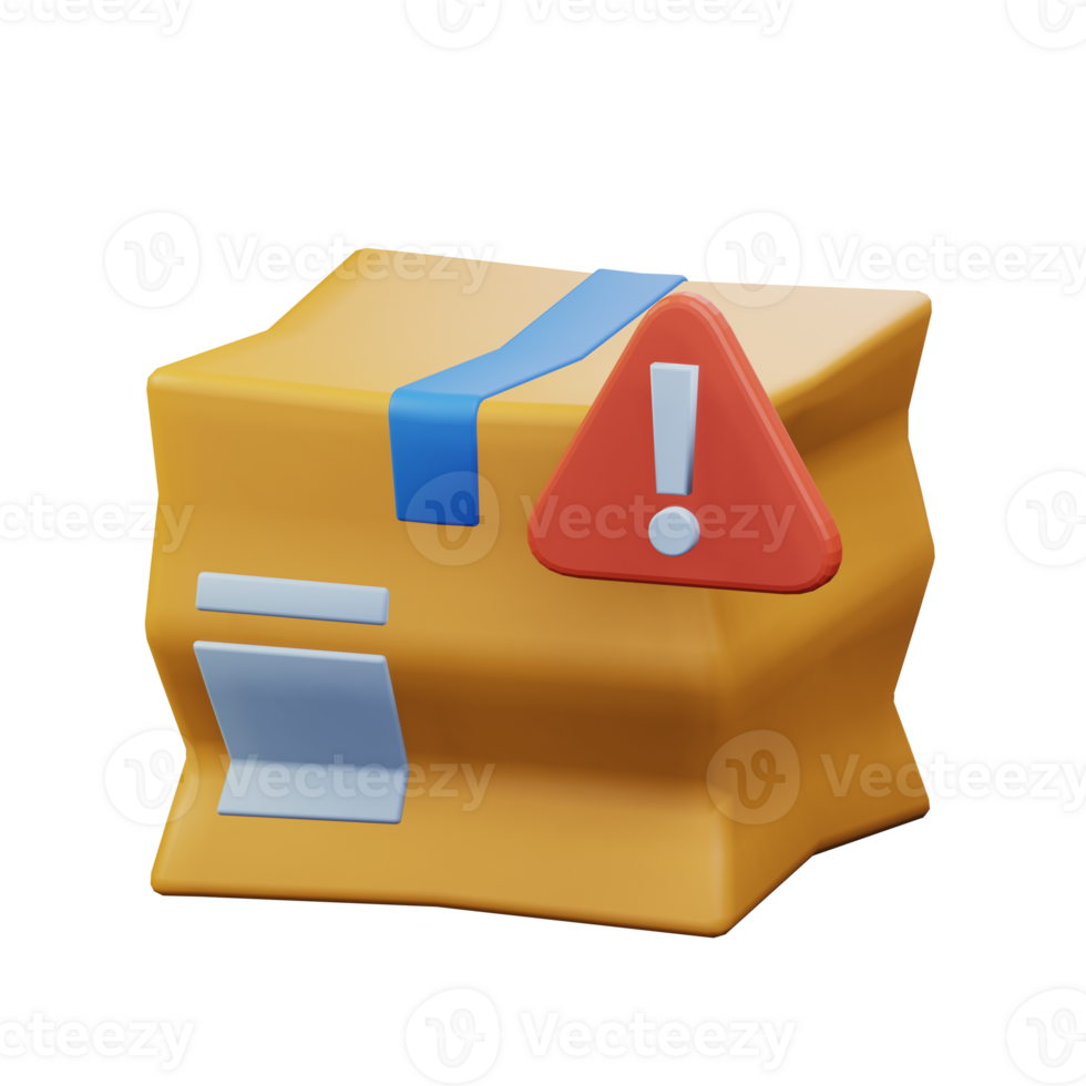 damaged cardboard package order with exclamation mark danger symbol badge 3d rendered icon illustration design png