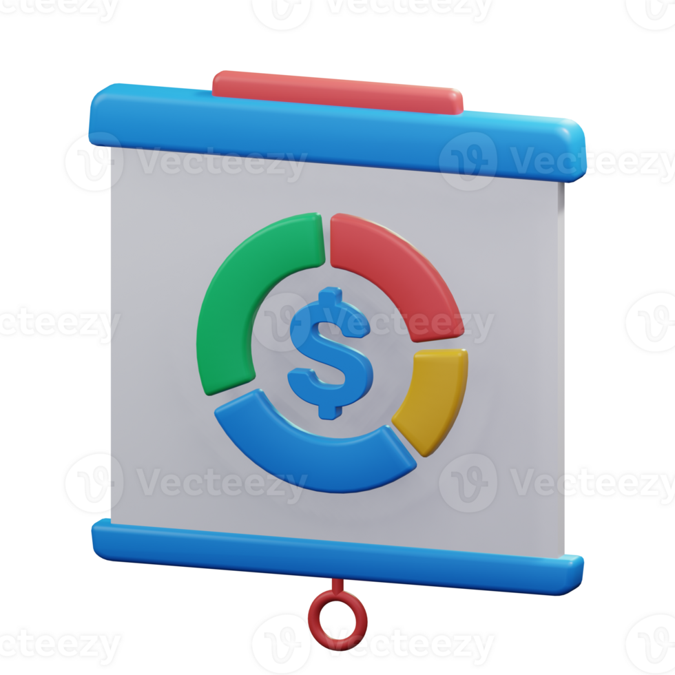 deslizar tela apresentação com dinheiro torta gráfico diagrama para financeiro relatório encontro 3d render ícone ilustração Projeto png
