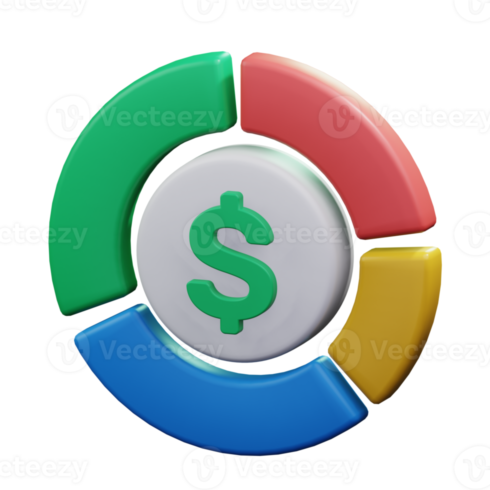 money with pie chart diagram around for financial presentation report infographc 3d render icon illustration design png
