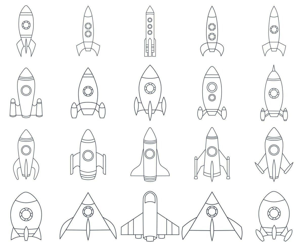 Illustration of various spaceships and rocket, line art style and silhouettes vector