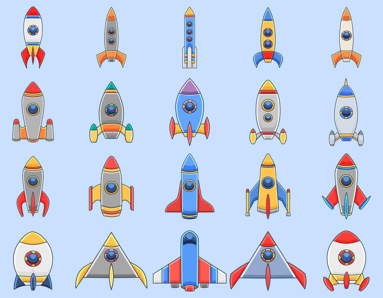 Illustration of various spaceships and rocket, bundle item, full color stickers vector