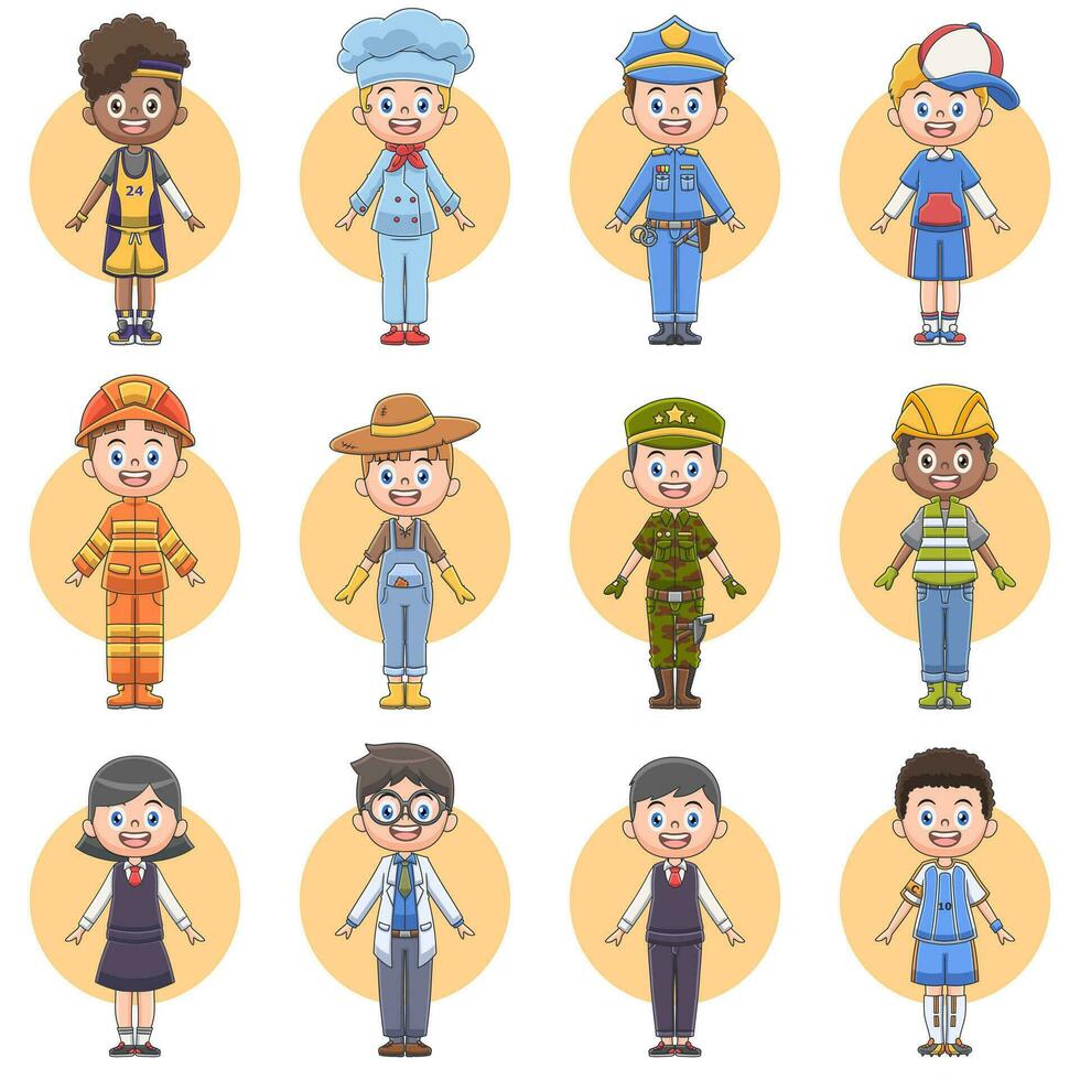 Bundle cute cartoon characters of various professions vector