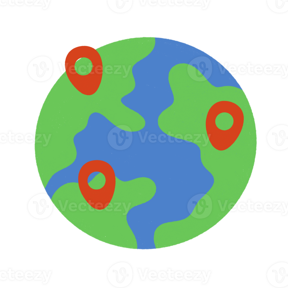 Earth with red pin of gps location icon. png