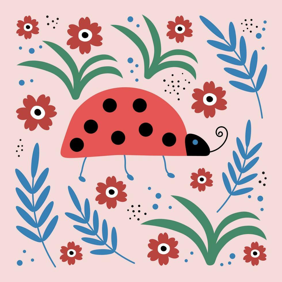 Ladybug flat cartoon illustration with insect and  flowers, forest motif. Hand drawn ornament. Happy birthday, holiday. For postcards, print, poster, template, polygraph, design element.Vector vector