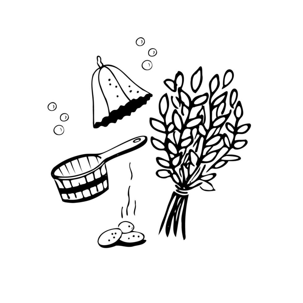 Sauna set Bath handicrafts sketch set isolated.Bath broom, ladle, stones, hat, soap bubbles doodle graphic. Design element black and white image .Vector art illustration. vector