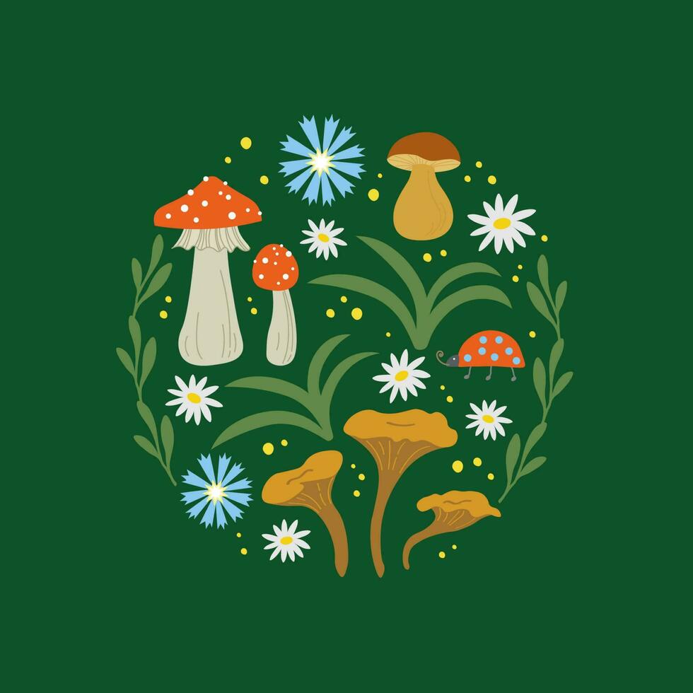 Mushrooms and forest flowers. Set with ladybug, agaric, chanterelles, porcini mushroom, chamomile and cornflower, forest motif. Ornamental plant composition is drawn by hand. Vector flat illustration