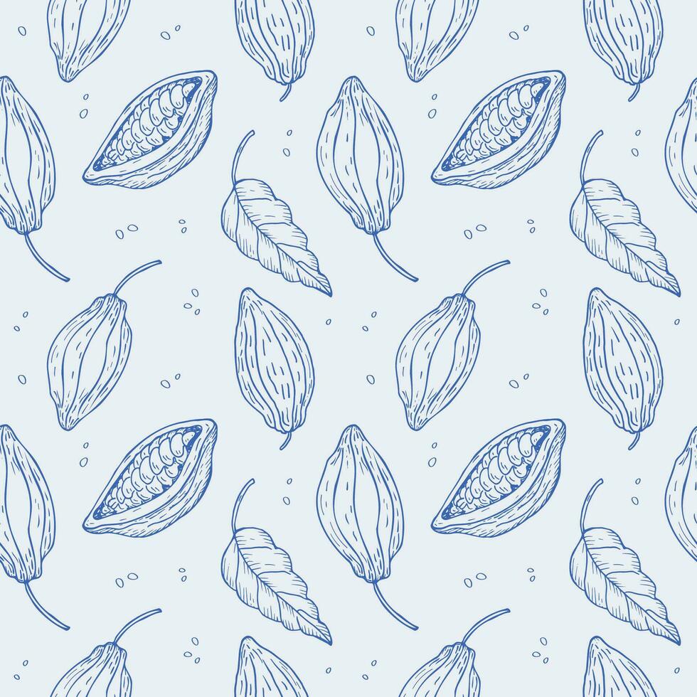 Cocoa plant seamless pattern. Hand drawn illustration of cocoa beans, leaves, cocoa tree. Design element floral motif repeating background. Ornament for fabric, paper, card, wrapping. Vector