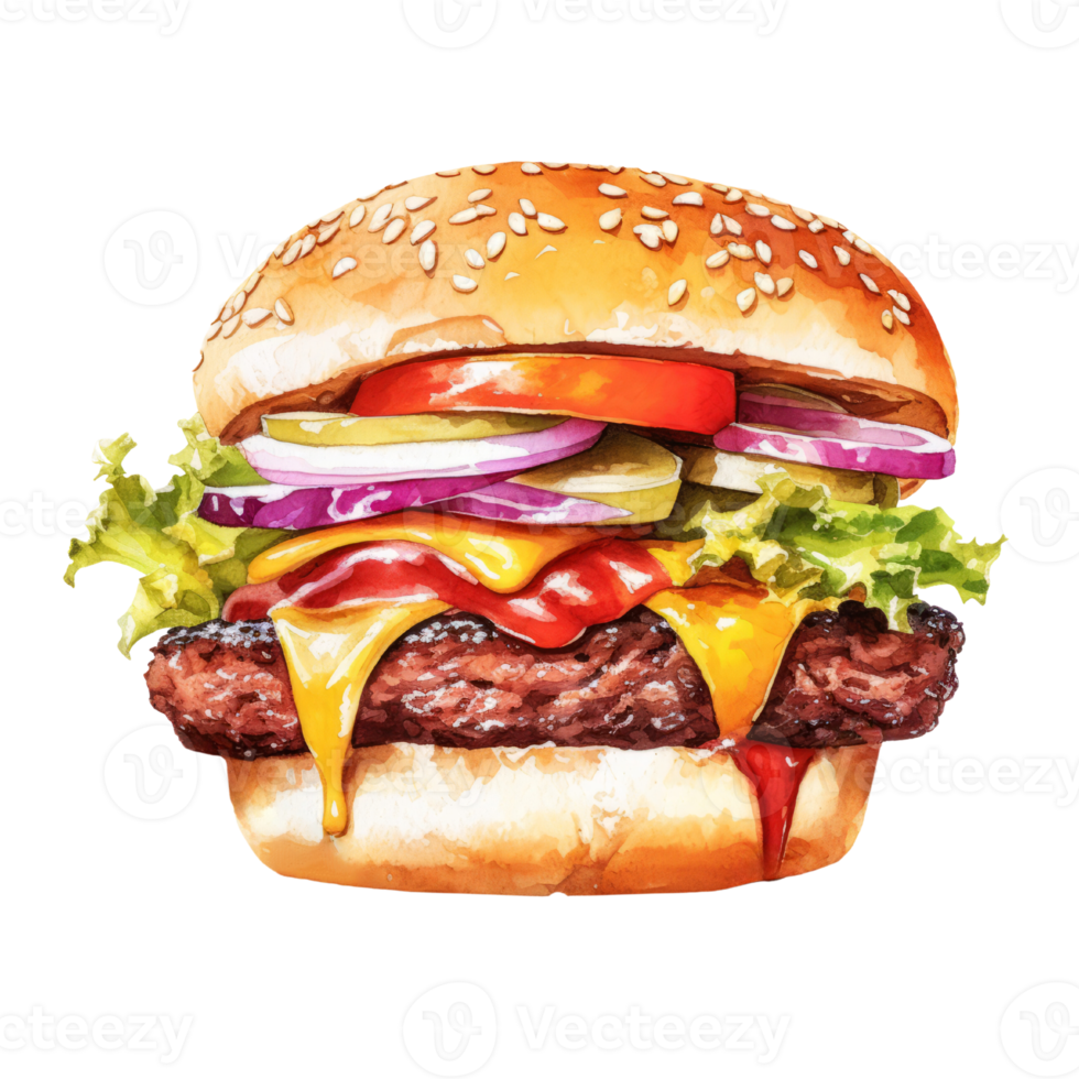 Watercolor painting of Hamburger clip art. fastfood.transparent background., . png