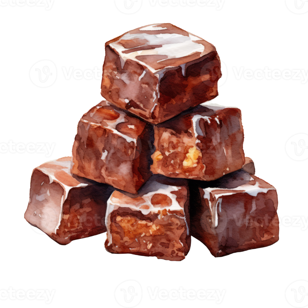 Watercolor painting of stack brownie with almond clip art. Bakery dessert.transparent background., . png