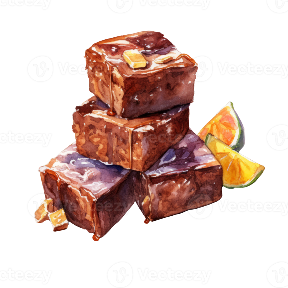 Watercolor painting of stack brownie with almond clip art. Bakery dessert.transparent background., . png