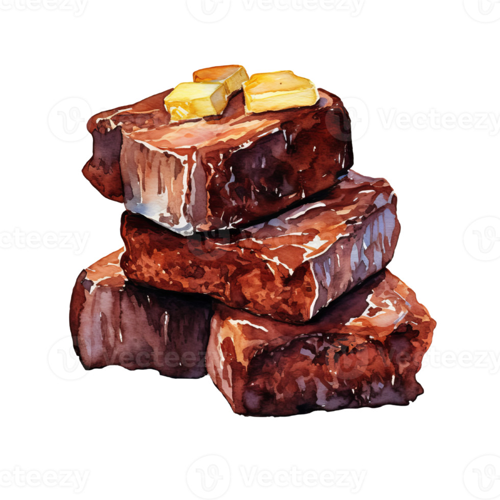 Watercolor painting of stack brownie with almond clip art. Bakery dessert.transparent background., . png