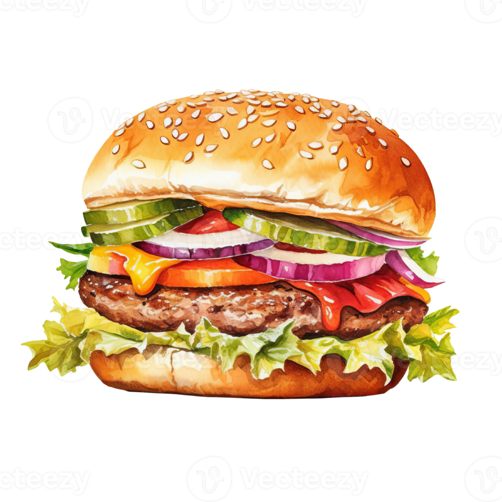 Watercolor painting of Hamburger clip art. fastfood.transparent background., . png