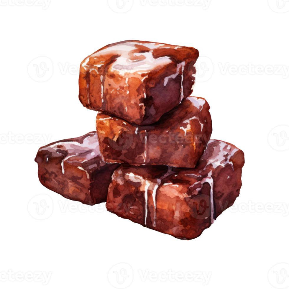 Watercolor painting of stack brownie with almond clip art. Bakery dessert.transparent background., . png