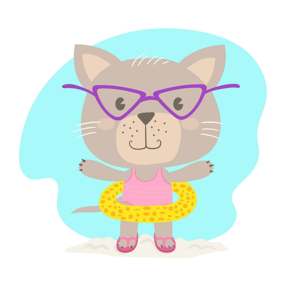 Cute cat mascot character swimming. Summer time. vector