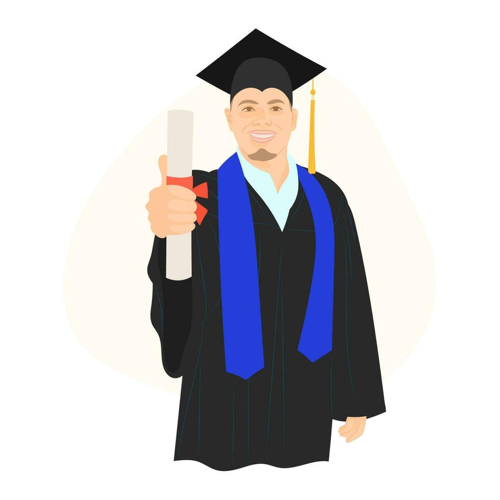 Graduated boy with diploma. School graduation coat and cap. vector