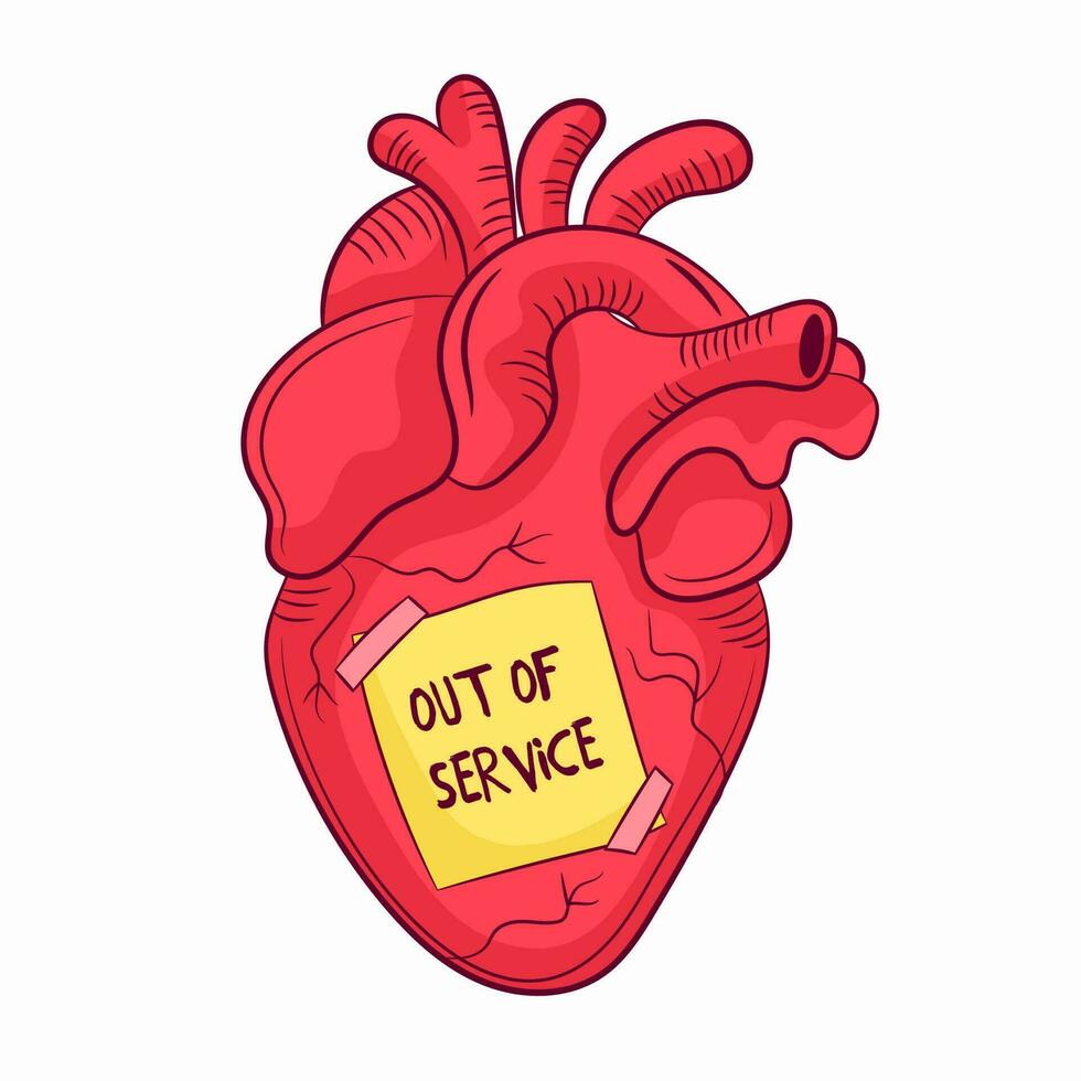 humano corazón con Nota pegatina, fuera de servicio. vector