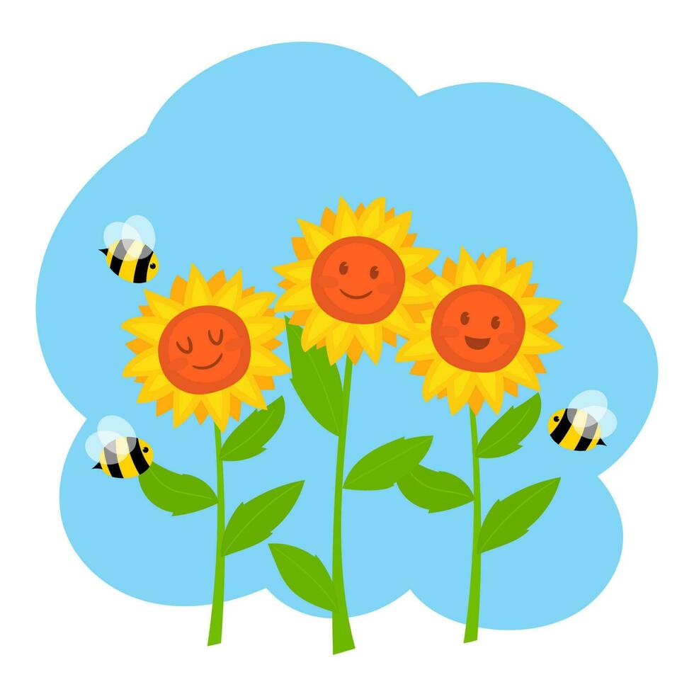 Bee cartoons with sunflower and on blue background vector