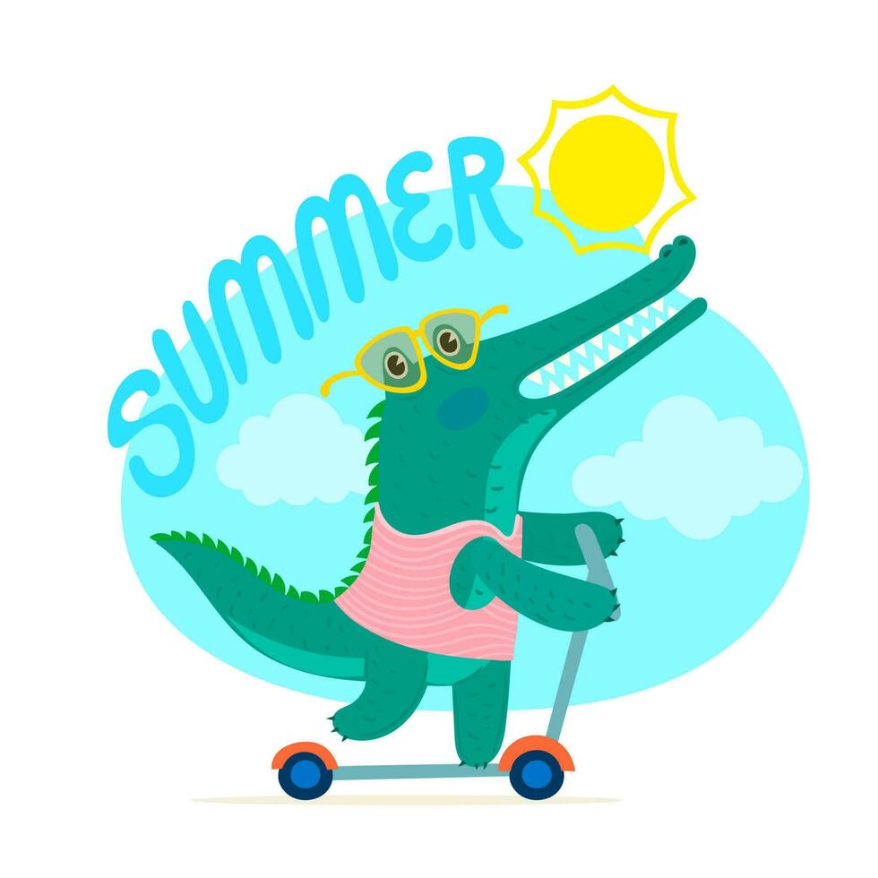 Funny cartoon crocodile character riding skateboard vector