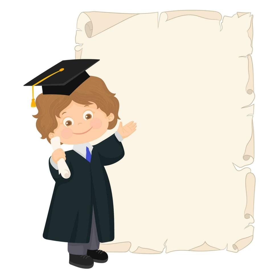Graduated boy with diploma. School graduation coat and cap. vector