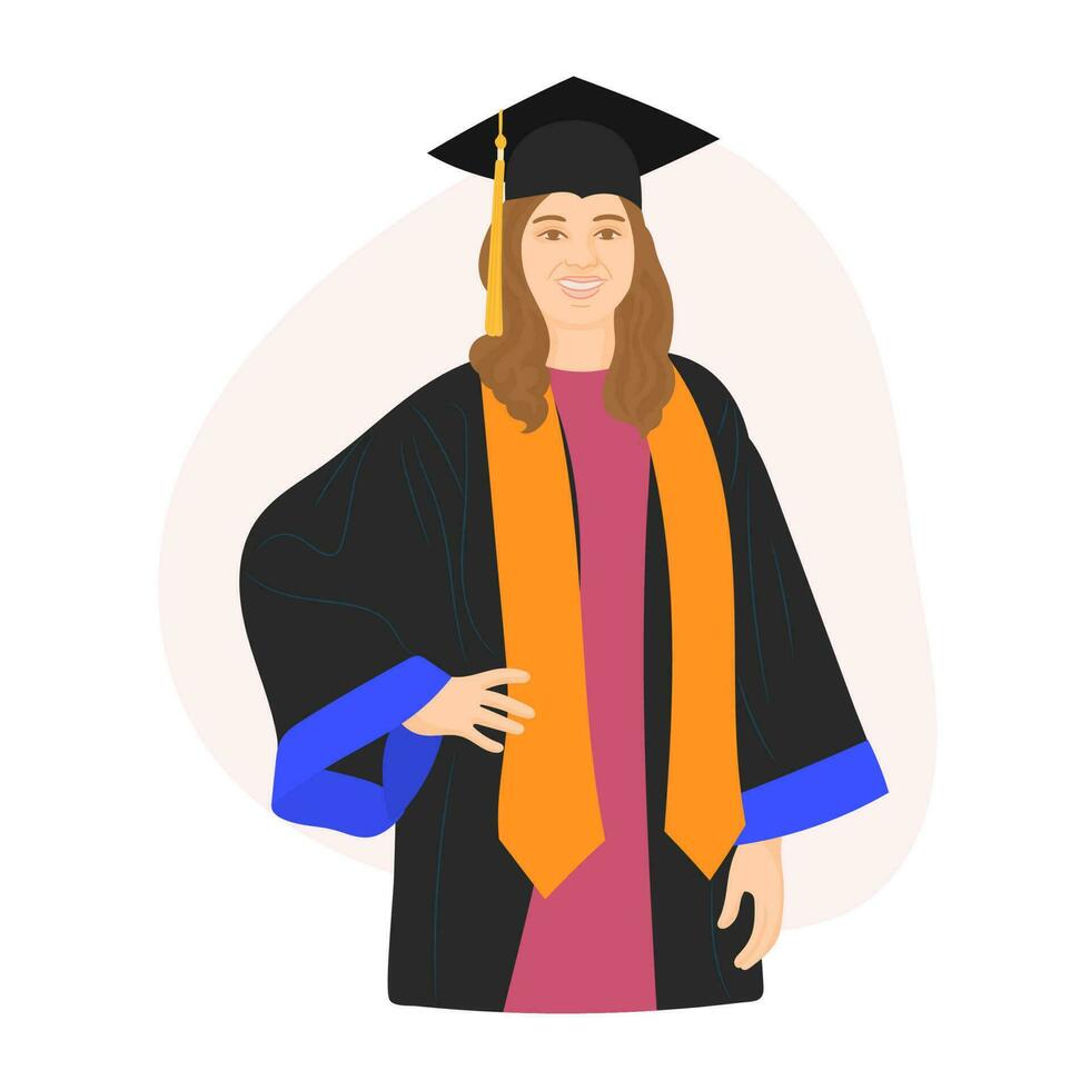 Girl on graduation day holding diploma. Graduate girl in mantle. vector